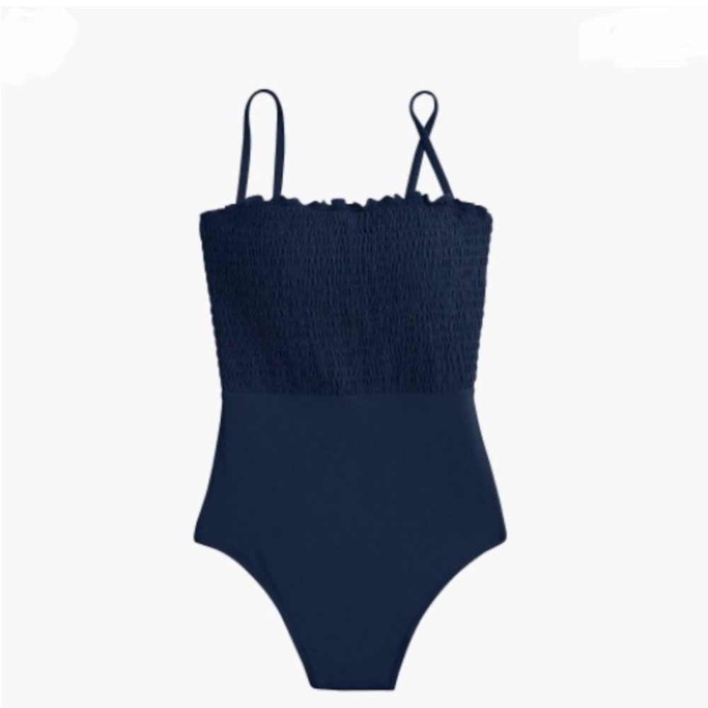 NWT J. Crew smocked one piece swimsuit dark navy blue size 6 square neck straps